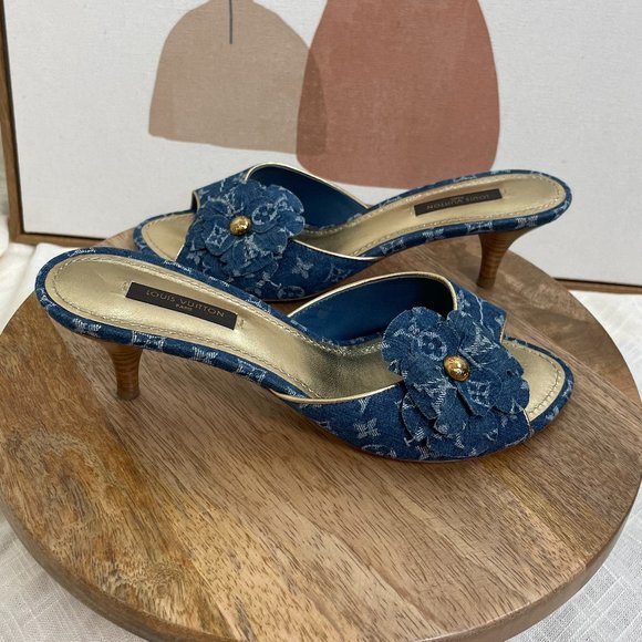 SOLD Louis Vuitton Denim Monogram Flower Slide Sandals - Picture 3 of 11